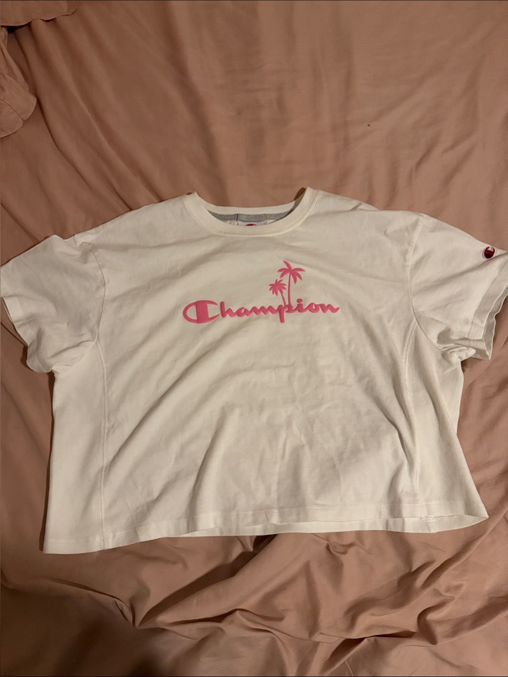 Champion White Crop Tee with Pink Script and Palm